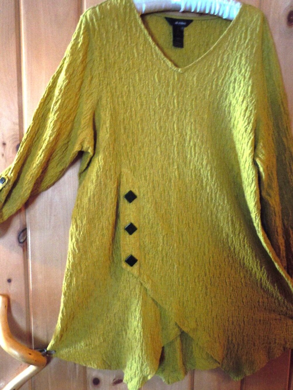Ali Miles Women's Tunic Mustard Chartreuse Yellow Crinkle Roll Tab XL V-Neck